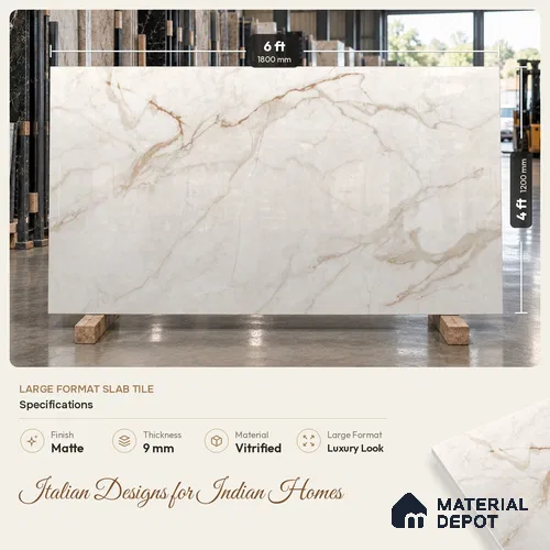 Large Formate Marble Floor & Wall Tile TL 11477 B Nova Calacatta 6 ft x 4 ft Vitrified Lush Finish - 9 mm | 6 Random Design | Suitable for Living Room, Bedroom, Dining & Office