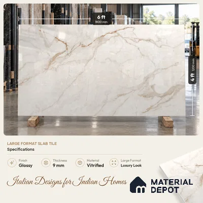 Marble Calacatta Wall & Floor Tile TL 11477 Beige 6 ft x 4 ft Glossy Finish Vitrified Tile - 9 mm | 6 Random Designs | Suitable For Living Room, Bedroom, Bathroom
