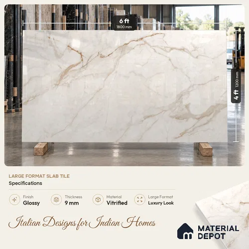 Large Formate Marble Floor & Wall Tile TL 11477 Nova Calacatta 6 ft x 4 ft Vitrified Glossy Finish - 9 mm | 6 Random Design | Suitable for Living Room, Bedroom, Dining & Office