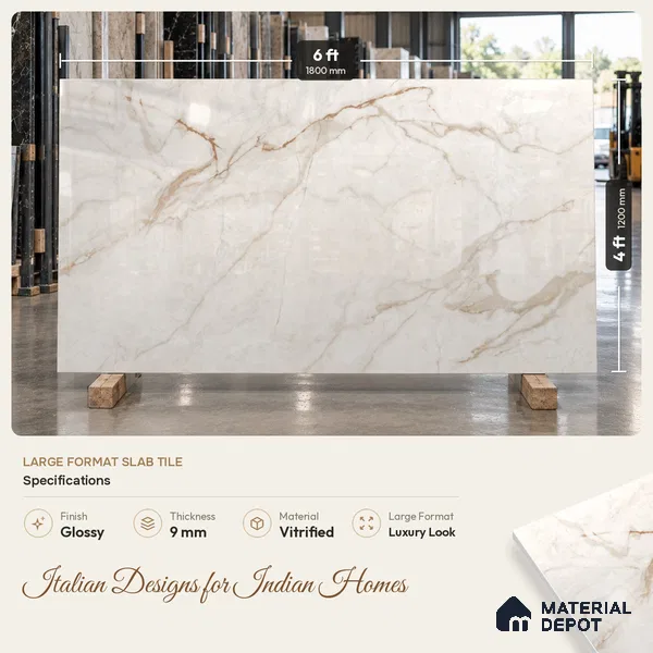 Marble Calacatta Wall & Floor Tile TL 11477 Beige 6 ft x 4 ft Glossy Finish Vitrified Tile - 9 mm | 6 Random Designs | Suitable For Living Room, Bedroom, Bathroom