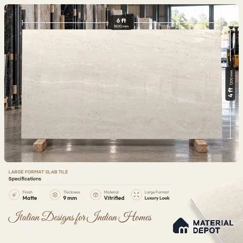 Large Formate Marble Floor & Wall Tile TL 11479 B Natura Travertine Crema 6 ft x 4 ft Vitrified Lush Finish - 9 mm | 4 Random Design | Suitable for Living Room, Bedroom, Dining & Office