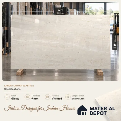 Large Format Marble Floor & Wall Tile TL 11479 Natura Travertine Crema 6 ft x 4 ft Vitrified Glossy Finish - 9 mm | 4 Random Design | Suitable for Living Room, Bedroom, Dining & Office | Adhesive and Spacers Must be Used During Installation