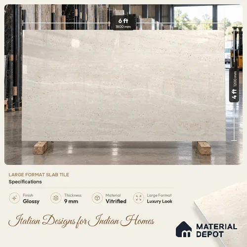 Large Format Marble Floor & Wall Tile TL 11479 Natura Travertine Crema 6 ft x 4 ft Vitrified Glossy Finish - 9 mm | 4 Random Design | Suitable for Living Room, Bedroom, Dining & Office | Adhesive and Spacers Must be Used During Installation