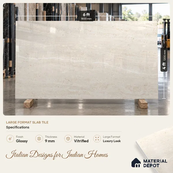 Large Format Marble Floor & Wall Tile TL 11479 Natura Travertine Crema 6 ft x 4 ft Vitrified Glossy Finish - 9 mm | 4 Random Design | Suitable for Living Room, Bedroom, Dining & Office | Adhesive and Spacers Must be Used During Installation