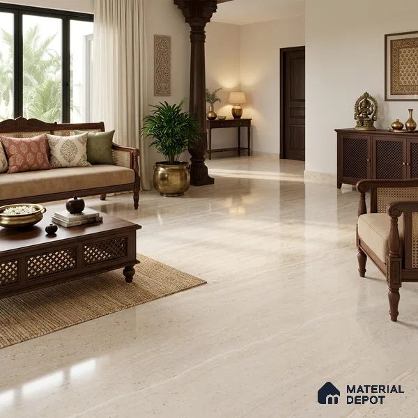 Large Format Marble Floor & Wall Tile TL 11479 Natura Travertine Crema 6 ft x 4 ft Vitrified Glossy Finish - 9 mm | 4 Random Design | Suitable for Living Room, Bedroom, Dining & Office | Adhesive and Spacers Must be Used During Installation