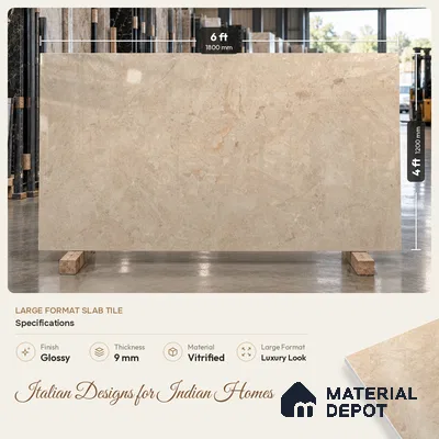 Large Format Marble Floor & Wall Tile TL 11489 B Cratic Beige 6 ft x 4 ft Vitrified Glossy Finish - 9 mm | 4 Random Design | Suitable for Living Room, Bedroom, Dining & Office | Adhesive and Spacers Must be Used During Installation