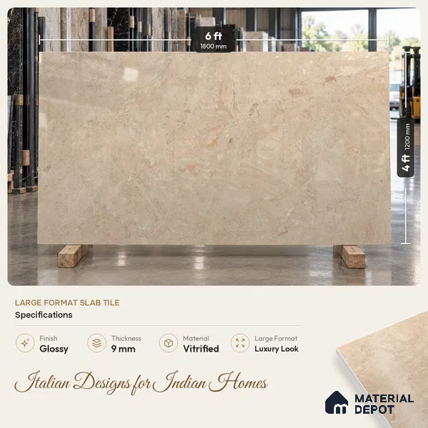 Large Format Marble Floor & Wall Tile TL 11489 B Cratic Beige 6 ft x 4 ft Vitrified Glossy Finish - 9 mm | 4 Random Design | Suitable for Living Room, Bedroom, Dining & Office | Adhesive and Spacers Must be Used During Installation