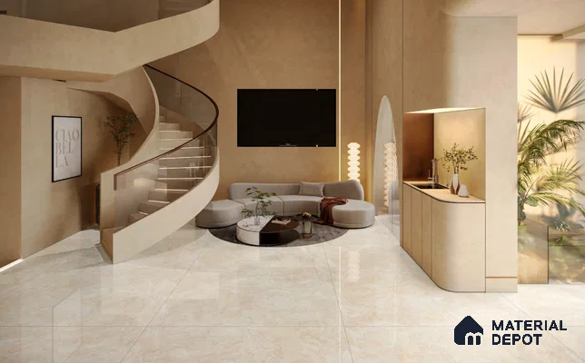 Large Formate Marble Floor & Wall Tile TL 11490 Celion Crema 6 ft x 4 ft Vitrified Glossy Finish - 9 mm | 4 Random Design | Suitable for Living Room, Bedroom, Dining & Office