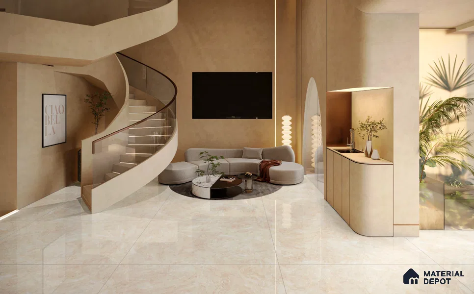 Large Formate Marble Floor & Wall Tile TL 11490 Celion Crema 6 ft x 4 ft Vitrified Glossy Finish - 9 mm | 4 Random Design | Suitable for Living Room, Bedroom, Dining & Office