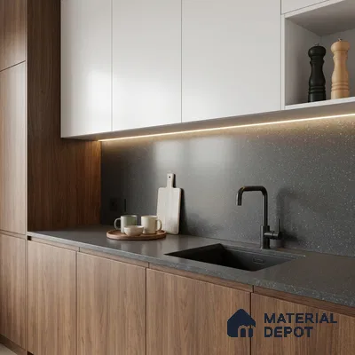 Terrazzo Kitchen Counter Top Slab TL 11509 B Mozeco Midnight 8 ft x 3 ft Full Body Digimatt Finish - 15 mm | Suitable for Table Top & Window Frame | Adhesive and Spacers Must be Used During Installation