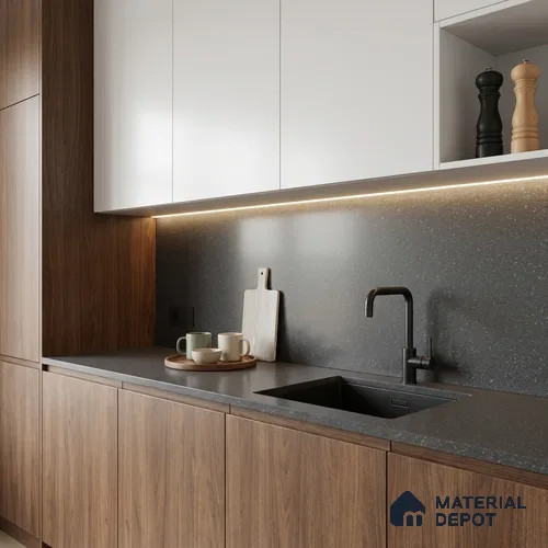 Terrazzo Kitchen Counter Top Slab TL 11509 B Mozeco Midnight 8 ft x 3 ft Full Body Digimatt Finish - 15 mm | Suitable for Table Top & Window Frame | Adhesive and Spacers Must be Used During Installation