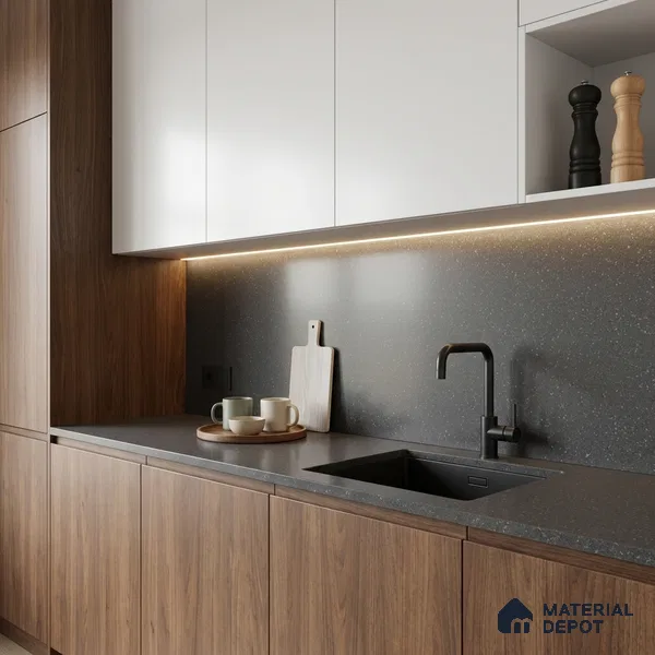 Terrazzo Kitchen Counter Top Slab TL 11509 B Mozeco Midnight 8 ft x 3 ft Full Body Digimatt Finish - 15 mm | Suitable for Table Top & Window Frame | Adhesive and Spacers Must be Used During Installation