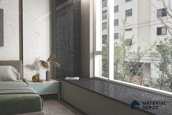 Terrazzo Kitchen Counter Top Slab TL 11509 Mozeco Midnight 8 ft x 3 ft Full Body Glossy Finish - 15 mm | Suitable for Table Top & Window Frame | Adhesive and Spacers Must be Used During Installation