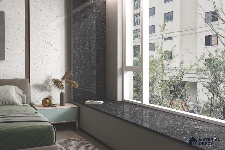 Terrazzo Kitchen Counter Top Slab TL 11509 Mozeco Midnight 8 ft x 3 ft Full Body Glossy Finish - 15 mm | Suitable for Table Top & Window Frame | Adhesive and Spacers Must be Used During Installation