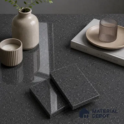 Terrazzo Kitchen Counter Top Slab TL 11509 Mozeco Midnight 8 ft x 3 ft Full Body Glossy Finish - 15 mm | Suitable for Table Top & Window Frame | Adhesive and Spacers Must be Used During Installation