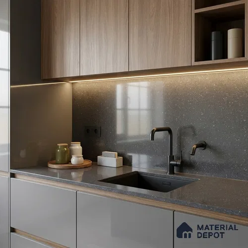 Terrazzo Kitchen Counter Top Slab TL 11509 Mozeco Midnight 8 ft x 3 ft Full Body Glossy Finish - 15 mm | Suitable for Table Top & Window Frame | Adhesive and Spacers Must be Used During Installation