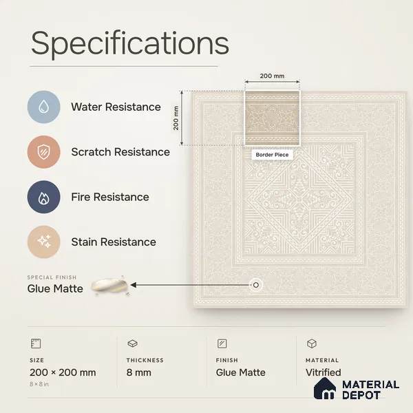 Carpet Moroccan Wall & Floor Border Tile TL 11517 B Levels Sand 8 inc x 8 inc Anti Skid Vitrified Whitebody Digimatt Finish - 8 mm | Suitable for Living Room, Bedroom, Dining & Kitchen | Minimum 3 mm Spacer is Mandatory