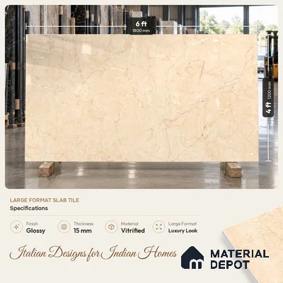 Marble Floor Tile TL 11535 Beige 6 ft x 4 ft Glossy Finish Vitrified Tile - 15 mm | Suitable For Living Room, Bedroom, Bathroom | Adhesive and Spacers Must be Used During Installation