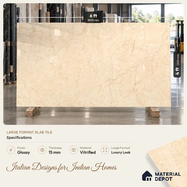 Marble Floor Tile TL 11535 Beige 6 ft x 4 ft Glossy Finish Vitrified Tile - 15 mm | Suitable For Living Room, Bedroom, Bathroom | Adhesive and Spacers Must be Used During Installation