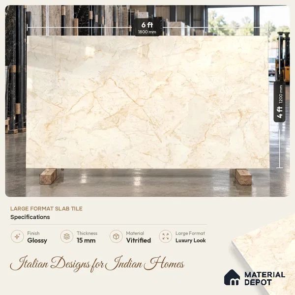 Marble Endless Floor Tile TL 11536 Beige 6 ft x 4 ft Glossy Finish Vitrified Tile - 15 mm | Suitable For Living Room, Bedroom, Bathroom | Adhesive and Spacers Must be Used During Installation