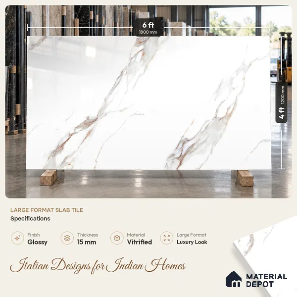 TL 11537 Carrara Monet Endless 6 ft x 4 ft Glossy Vitrified Tile - 15 mm | Adhesive and Spacers Must be Used During Installation
