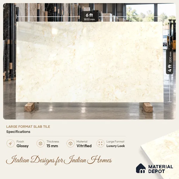 TL 11541 Toledo Crema Endless 6 ft x 4 ft Glossy Vitrified Tile - 15 mm | Adhesive and Spacers Must be Used During Installation