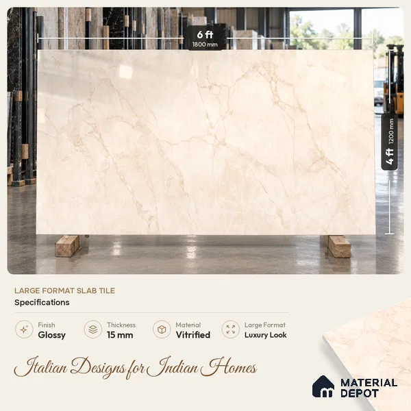 TL 11543 Vintage Crema Endless 6 ft x 4 ft Glossy Vitrified Tile - 15 mm | Adhesive and Spacers Must be Used During Installation
