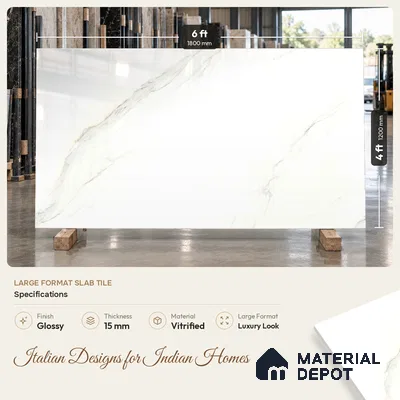 TL 11547 Pullman White Endless 6 ft x 4 ft Glossy Vitrified Tile - 15 mm | Adhesive and Spacers Must be Used During Installation