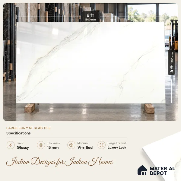 TL 11547 Pullman White Endless 6 ft x 4 ft Glossy Vitrified Tile - 15 mm | Adhesive and Spacers Must be Used During Installation