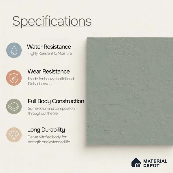 Plain Wall & Floor Tile TL 11641 Verdant Quarry | 2 ft x 2 ft Punch Matte Finish Full Body Vitrified Tile - 9 mm | Suitable For Bathroom, Balcony, Courtyard
