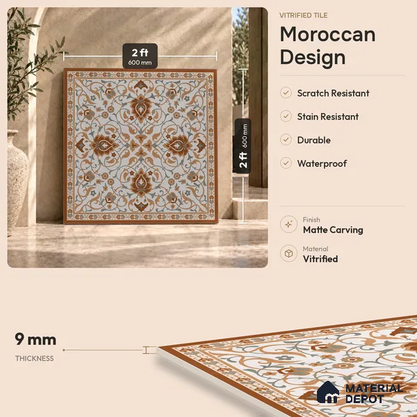 Moroccan Wall & Floor Tile TL 11655 | 2 ft x 2 ft Carving Matte Finish Vitrified Tile - 9 mm | Suitable For Kitchen, Bathroom, Dining Area | Please Expect a Slight Variation of Pattern