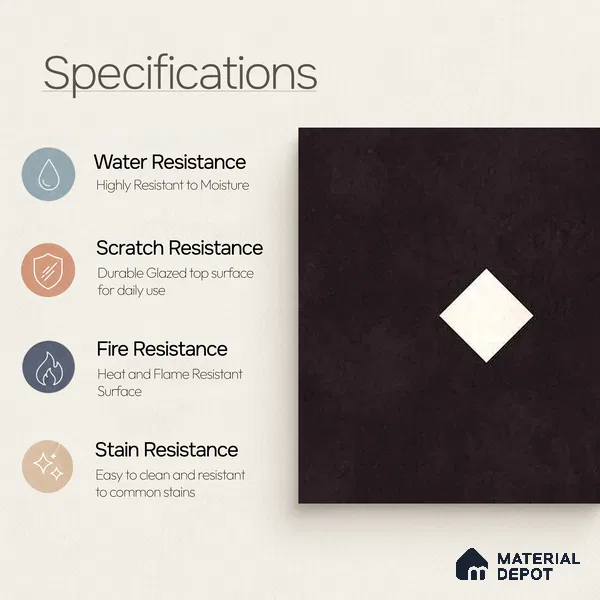 Moroccan Wall & Floor Decor Tile TL 11662 F Noir Diamond 1 ft x 1 ft Ceramic Matte Finish Tile - 10 mm | Suitable For Kitchen, Bathroom, Balcony