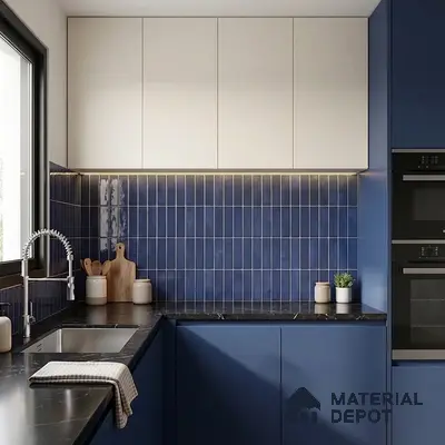 Modern bathroom walkthrough with blue vertical subway wall tiles and white quartz countertop