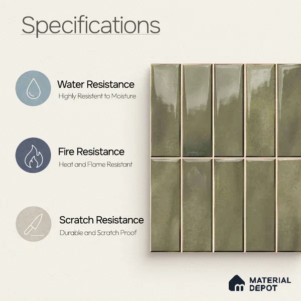 Faux Subway Wall Tile TL 11681 H Olive Linear 2 ft x 1 ft Ceramic Glossy Finish Tile - 9 mm | Suitable For Bathroom, Dining Area, Kitchen Backsplash