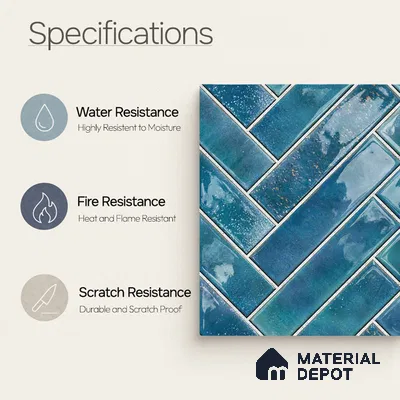 Faux Subway Wall Tile TL 11683 Indigo Herringbone 2 ft x 1 ft Ceramic Glossy Finish Tile - 9 mm | Suitable For Bathroom, Basin Area, Kitchen Backsplash