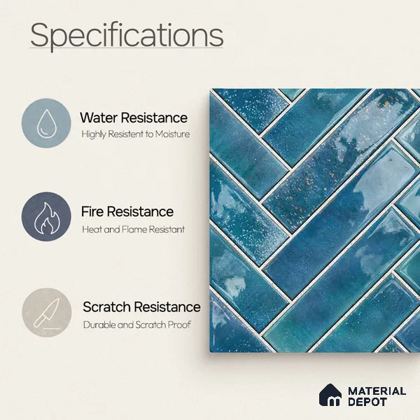 Faux Subway Wall Tile TL 11683 Indigo Herringbone 2 ft x 1 ft Ceramic Glossy Finish Tile - 9 mm | Suitable For Bathroom, Basin Area, Kitchen Backsplash