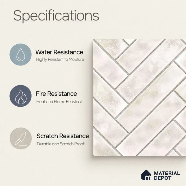 Faux Subway Wall Tile TL 11683 B Ivory Herringbone 2 ft x 1 ft Ceramic Glossy Finish Tile - 9 mm | Suitable For Bathroom, Basin Area, Kitchen Backsplash