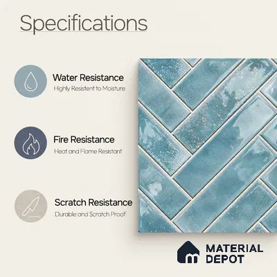 Faux Subway Wall Tile TL 11683 D Azure Herringbone 2 ft x 1 ft Ceramic Glossy Finish Tile - 9 mm | Suitable For Bathroom, Basin Area, Kitchen Backsplash