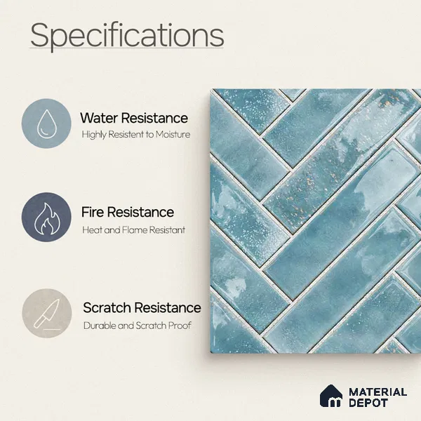 Faux Subway Wall Tile TL 11683 D Azure Herringbone 2 ft x 1 ft Ceramic Glossy Finish Tile - 9 mm | Suitable For Bathroom, Basin Area, Kitchen Backsplash