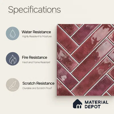 Faux Subway Wall Tile TL 11683 E Crimson Herringbone 2 ft x 1 ft Ceramic Glossy Finish Tile - 9 mm | Suitable For Bathroom, Basin Area, Kitchen Backsplash