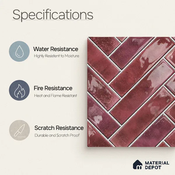 Faux Subway Wall Tile TL 11683 E Crimson Herringbone 2 ft x 1 ft Ceramic Glossy Finish Tile - 9 mm | Suitable For Bathroom, Basin Area, Kitchen Backsplash