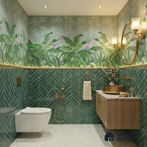 Faux Subway Wall Tile TL 11683 F Forest Herringbone 2 ft x 1 ft Ceramic Glossy Finish Tile - 9 mm | Suitable For Bathroom, Balcony & Kitchen Backsplash