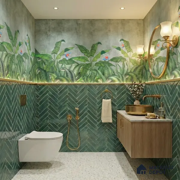 Faux Subway Wall Tile TL 11683 F Forest Herringbone 2 ft x 1 ft Ceramic Glossy Finish Tile - 9 mm | Suitable For Bathroom, Balcony & Kitchen Backsplash