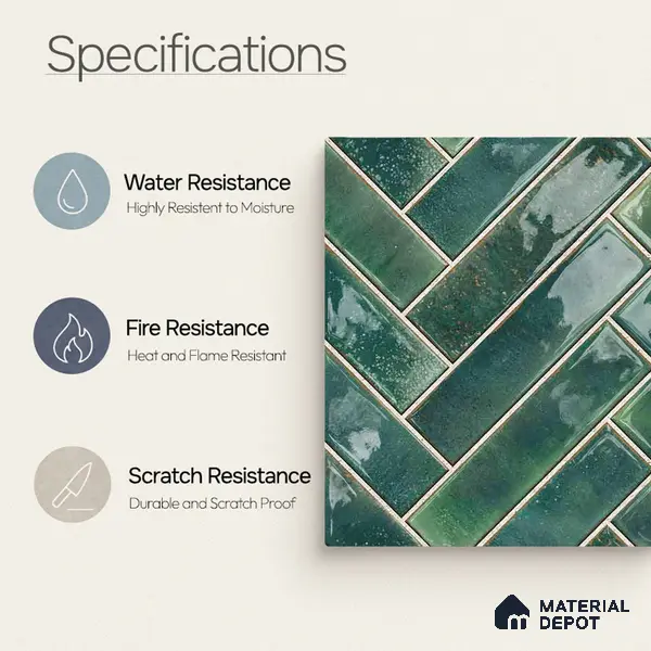 Faux Subway Wall Tile TL 11683 F Forest Herringbone 2 ft x 1 ft Ceramic Glossy Finish Tile - 9 mm | Suitable For Bathroom, Balcony & Kitchen Backsplash