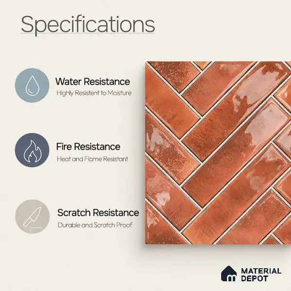 Faux Subway Wall Tile TL 11683 G Terracotta Herringbone 2 ft x 1 ft Ceramic Glossy Finish Tile - 9 mm | Suitable For Bathroom, Balcony & Kitchen Backsplash