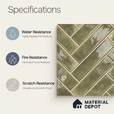 Faux Subway Wall Tile TL 11683 H Verdant Herringbone 2 ft x 1 ft Ceramic Glossy Finish Tile - 9 mm | Suitable For Bathroom, Basin Area, Kitchen Backsplash