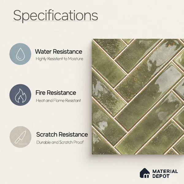 Faux Subway Wall Tile TL 11683 H Verdant Herringbone 2 ft x 1 ft Ceramic Glossy Finish Tile - 9 mm | Suitable For Bathroom, Basin Area, Kitchen Backsplash
