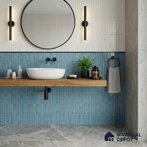 Faux Kitkat Subway Wall Tile TL 11684 C Azure Stria 2 ft x 1 ft Ceramic Glossy Finish Tile - 9 mm | Suitable For Bathroom, Balcony & Kitchen Backsplash