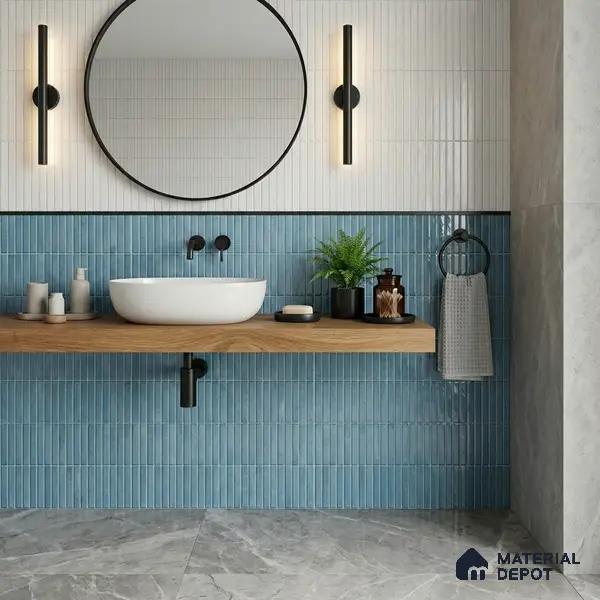Faux Kitkat Subway Wall Tile TL 11684 C Azure Stria 2 ft x 1 ft Ceramic Glossy Finish Tile - 9 mm | Suitable For Bathroom, Balcony & Kitchen Backsplash