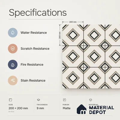 Moroccan Floor & Wall Tile TL 11725 | 8 in x 8 in Vitrified Matte Tile - 9 mm